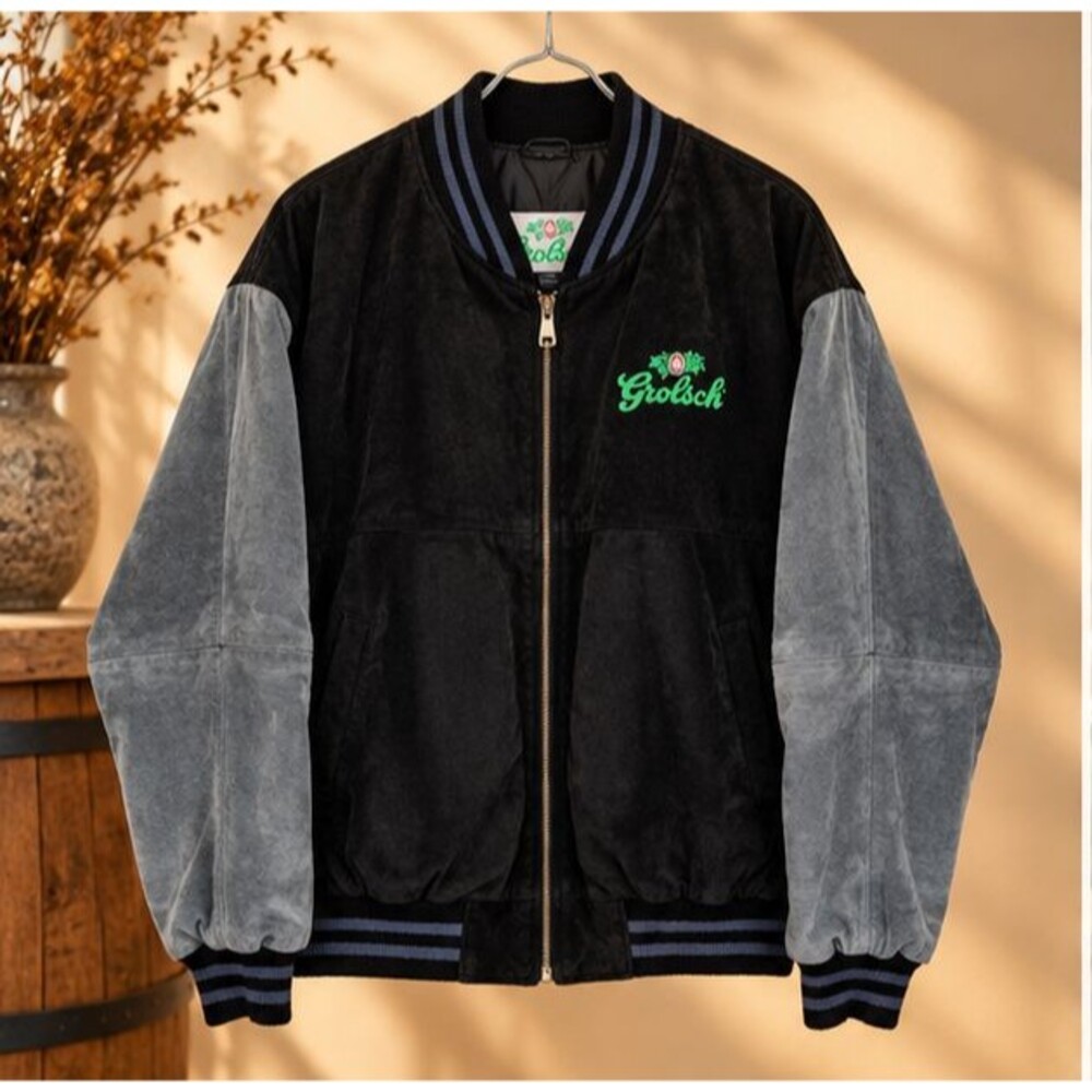 Grolsch 100% Leather Varsity Bomber Jacket Mens XL Black Gray Suede Embroidered